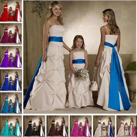 floor length ivory satin flower giirl dresses and junior bridesmaid dresses with long sash belt