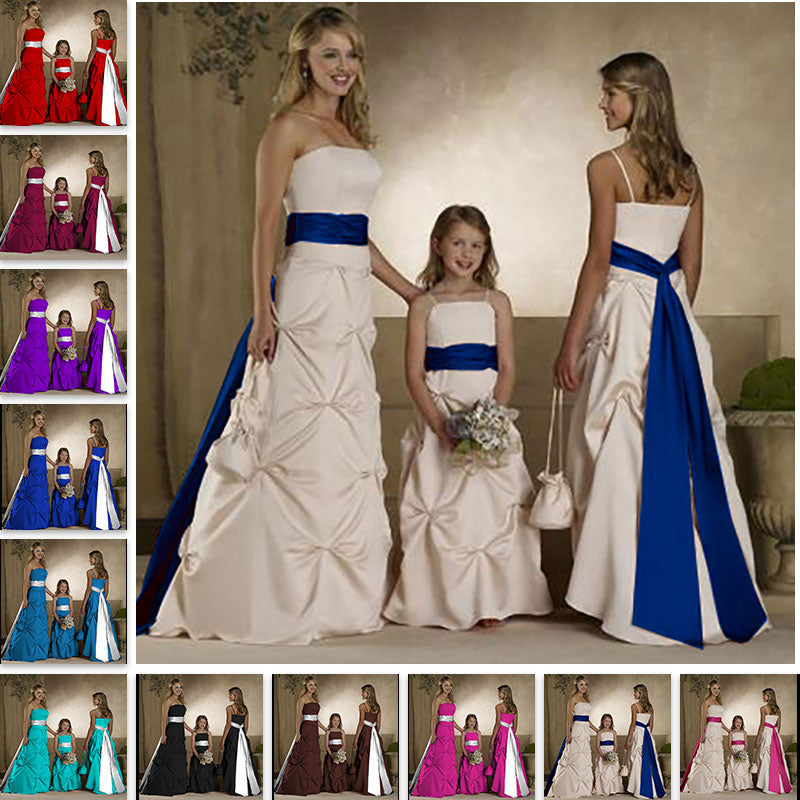 floor length ivory satin flower giirl dresses and junior bridesmaid dresses with long sash belt