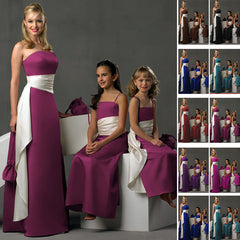 Quality A-line Satin Strapless Corset Boned Floor-Length Bridesmaid Dresses with Long Sash Belt and Wide Waist Band 0158-Burgundy