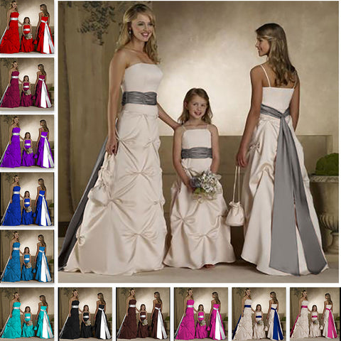 Ivory Elegant Long Satin Straps A-Line Formal Flower Girl Dress Bridesmaid Dresses Evening Gowns  with Sashes and Underskirt for Wedding 0179