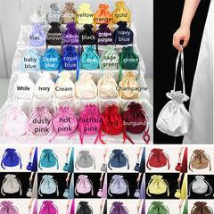 white satin dolly bags for bridesmaids and flower girls